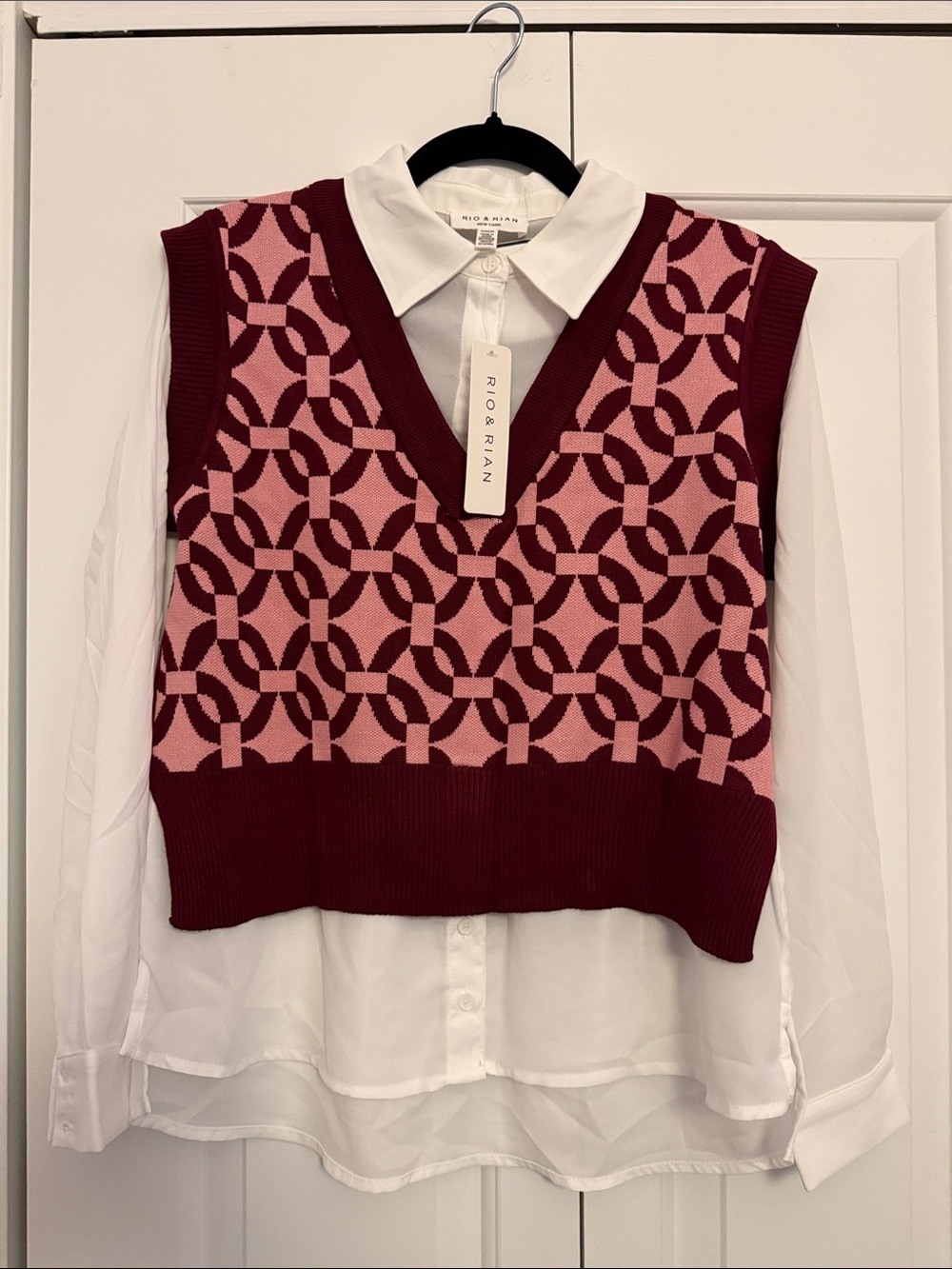 Pink and Burgundy Geometric Sweater Vest with White Button-Down